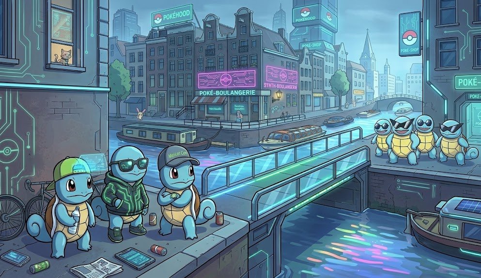 Pokehood crew on a canal bridge in the daylight district